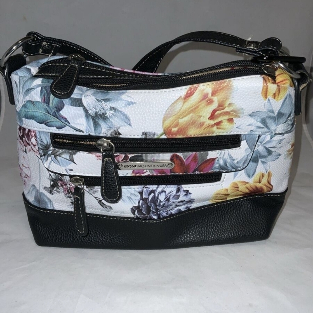 Stone Mountain Bonded Leather Ladies Purse Crossbody Floral Zip Close